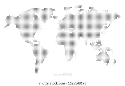 Highly organized abstract dotted world map from round dots isolated on white background. World map template for web site, design, cover, infographics. World map vector illustration.