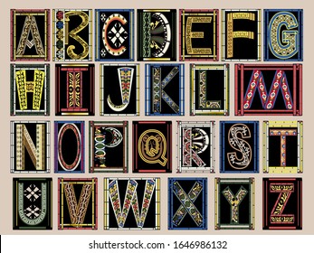 Highly Ornate Gold Illuminated Medieval Vector Font Alphabet Kit