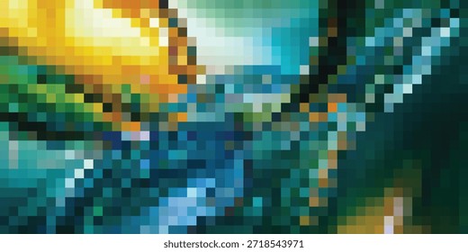 Uma imagem abstrata altamente pixelizada com um sol amarelo dominante e tons azuis e verdes profundos, sugerindo uma paisagem natural ou cósmica dinâmica.