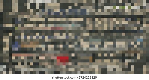 A highly pixelated, abstract representation of a cityscape, featuring a dense arrangement of blocks and lines, with a distinct red square.