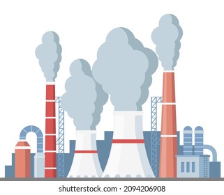 Fábrica altamente contaminante con torres y tubos humeantes. Emisiones de dióxido de carbono. Contaminación ambiental. Ilustración vectorial de estilo plano