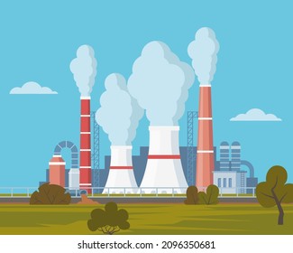 Highly polluting factory plant with smoking towers and pipes. Carbon dioxide emissions. Environment contamination. Flat style vector illustration