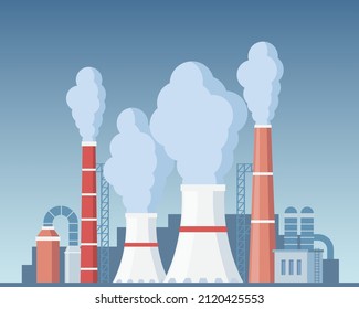 Highly polluting factory plant with smoking towers and pipes. Carbon dioxide emissions. Environment contamination. Flat style vector illustration