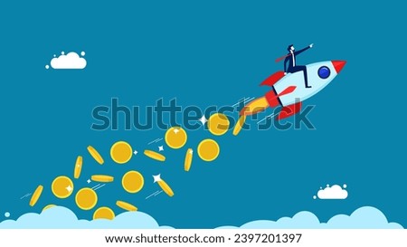 Highly profitable business. Businessman riding a rocket scattering money in the sky. vector 