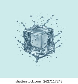 Ilustración de estilo 3D altamente realista de un solo cubo de hielo rodeado de salpicaduras y gotas de agua dinámicas. El cubo tiene bordes detallados, refracciones internas y burbujas, enfatizando un cristal-claro