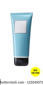 Highly realistic blue plastic tube with a label on a white background