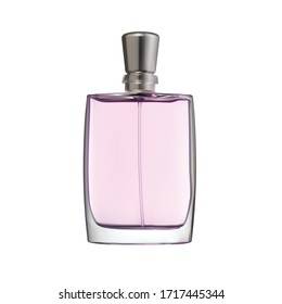 Highly realistic image of apink bottle of perfume on a white background