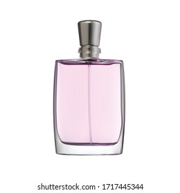 Highly realistic image of a pink bottle of perfume on a white background