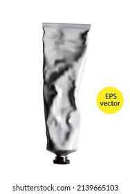 Highly realistic image of a squeezed tube of metallic color isolated on a white background.