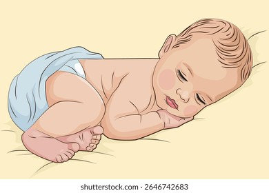 Um vetor altamente realista de um bebê que dorme pacificamente, perfeito para decoração infantil, produtos para bebês, conteúdo para pais e projetos que evocam calma, inocência e ternura.