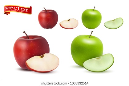 Highly realistic vector ripe juicy red and green apples with slices, natural texture. Templates for advertising juice, healthy lifestyle, diet, nutrition. Green, red apple isolated on white background