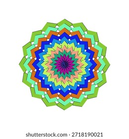 Ilustración vectorial de mandala de diseño plano altamente escalable con intrincados patrones florales simétricos, colores vibrantes y precisión geométrica. Ideal para arte digital, impresión, marca y proyectos decorativos con Uso comercial.