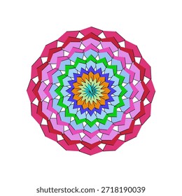 Mandala vetorial altamente escalável com motivos florais vibrantes de design plano, simetria radial e intrincados padrões geométricos. Ideal para arte digital, impressão, branding e projetos decorativos com linhas nítidas e limpas.