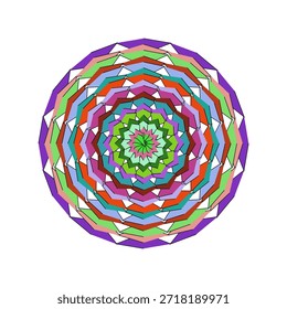 Ilustração de mandala vetorial altamente escalável com padrões florais intrincados, cores vibrantes e simetria perfeita. Ideal para arte digital, impressão, meditação e projetos decorativos com linhas nítidas e limpas.