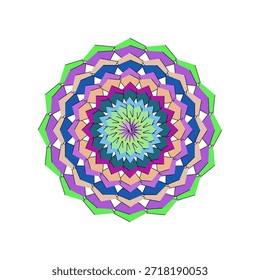 Ilustração de mandala vetorial altamente escalável com motivos florais intrincados, cores vibrantes e simetria perfeita. Ideal para arte digital, impressão, logotipos e projetos decorativos que exigem designs nítidos e editáveis.