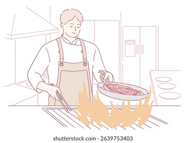 A highly skilled chef expertly cooks with vibrant flames in a modern and contemporary kitchen environment