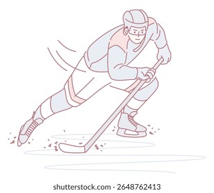 A highly skilled ice hockey player swiftly accelerating down the rink while skillfully maneuvering the puck