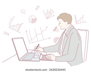 Um profissional altamente qualificado analisa diligentemente dados extensos utilizando gráficos e tabelas visuais em um dispositivo de notebook