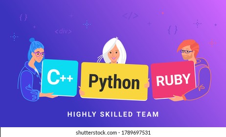 Highly skilled team of young programmers. Flat vector illustration of three guy holding cards as python and ruby skills to develop a service or app. Teamwork and collaboration of IT professionals