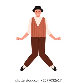 A highly stylish vintage dancer is performing eloquently in a classic outfit while wearing a bowler hat gracefully