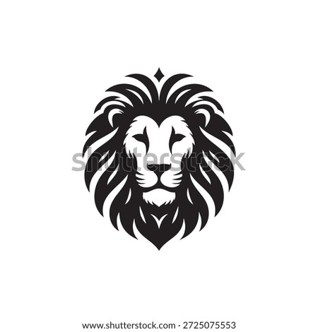 A highly stylized black and white vector lion head logo design, facing forward with a prominent, almost crown-like mane, symbolizing supreme. This captivating vector illustration presents a front-facing lion's head, distinguished by its exceptionally stylized mane that subtly evokes the shape of a crown, underscoring its royal status.