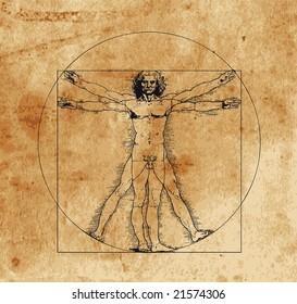 A highly stylized drawing of vitruvian man with crosshatching and sepia tones