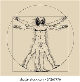 A highly stylized drawing of vitruvian man with crosshatching and sepia tones