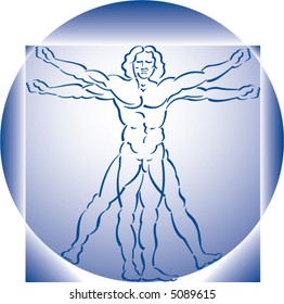 A highly stylized drawing of vitruvian man in blue