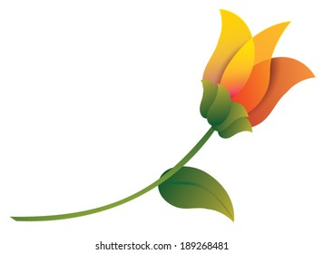 A highly stylized orange flower with long stem and green leaf rests at a forty-five degree angle.
