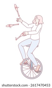 A highly talented juggler skillfully balances atop a unicycle while expertly juggling vibrant, colorful props