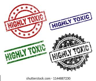 HIGHLY TOXIC seal prints with corroded style. Black, green,red,blue vector rubber prints of HIGHLY TOXIC label with corroded style. Rubber seals with round, rectangle, medallion shapes.