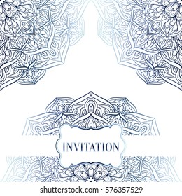 Highly-detailed Mandala. Hand Drawn Round Ornament. Lacy Ethnic Pattern. Indian, Arabic, Islam, ottoman motif. Greeting or Save the Date Card Template with outline round mandala in soft pastel blue.