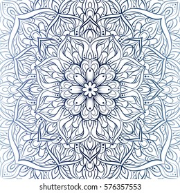 Highly-detailed Mandala. Hand Drawn Round Ornament. Lacy Ethnic Pattern. Indian, Arabic, Islam, ottoman motif. Greeting or Save the Date Card Template with outline round mandala in soft pastel blue.