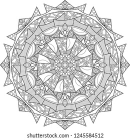 A highly-detailed mandala illustration with multiple designs and textures overlapping. Would be perfect for coloring or as a tattoo design.