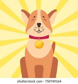 High-minded Akita-inu with golden medal on neck. Sitting winner dog with yellow award on red ribbon isolated on striped y background. Vector illustration of dogs cartoon drawing graphic design.