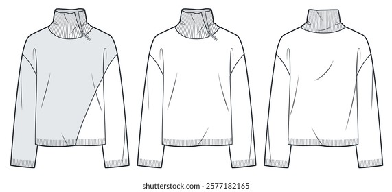 High-Neck Sweater with Zipper Detail technical fashion illustration. Sweatshirt fashion flat technical drawing template, oversize, front and back view, white, grey, women, men, unisex CAD mockup set.