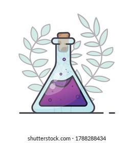 high-necked triangular-shaped magic bottle vector icon. Trendy style illustration with leaves in the background.