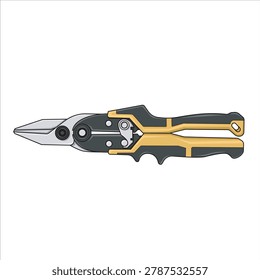 High-performance aviation snips designed for cutting sheet metal with precision and ease. This vector art depicts the compound-action mechanism that provides increased cutting power with minimal hand force. Featuring durable blades and a comfortable, ergonomic dual-material handle, this tool is a staple for HVAC contractors, metalworkers, and construction professionals. The clean, professional design is perfect for illustrating trade work, metal fabrication, or industrial construction processes.