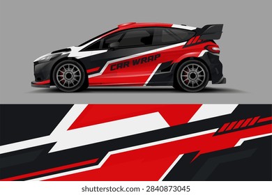High-performance car with bold red and white racing wrap graphics featuring carwraps logo and racing stripes on asphalt track background