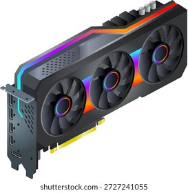 Placa gráfica de jogos moderna de alto desempenho com iluminação RGB, ilustração de vetor isométrico