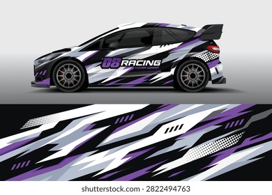 A high-performance racing car featuring a bold purple and white dynamic wrap design with sharp geometric patterns and the text '08 RACING CAR WRAP' prominently displayed on the side. The car is shown in a side profile view with a sleek aerodynamic build, black alloy wheels, and a sporty rear spoiler.