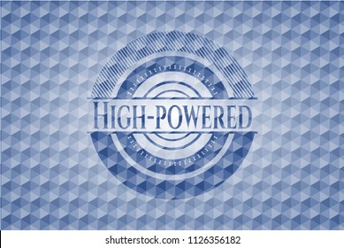 High-powered blue emblem or badge with abstract geometric pattern background.