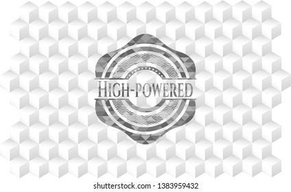 High-powered grey badge with geometric cube white background