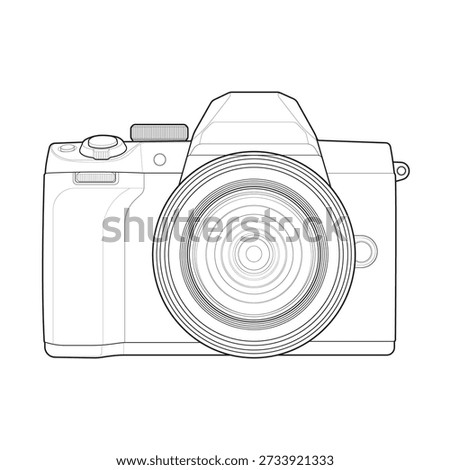 High-precision digital camera technical drawing ideal for photography gear mockups and optical product manuals. This linear wireframe design element is optimized for commercial camera branding and patent-style schematics.