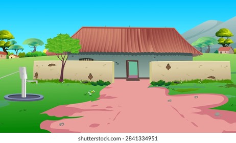 High-quality 2D cartoon background illustration showcasing a bright and peaceful Indian village house exterior during the daytime. This beautiful rural landscape is illuminated by clear sunlight under a vibrant blue sky, highlighting the rich green grassy fields and distant mountains. The scene features a traditional mud house with a brown tiled roof, surrounded by an old, weathered compound wall with visible cracks and exposed bricks. A prominent dirt path leads directly to the open wooden door of the house, inviting characters into the scene. On the left side of the yard, a classic handpump (tubewell) stands ready for drawing water, adding an authentic touch of traditional village lifestyle and daily chores. In the background, lush green trees and distant village houses complete this idyllic countryside environment. Perfect for 2D animation projects, South Asian moral stories, Hindi Kahaniya, 
