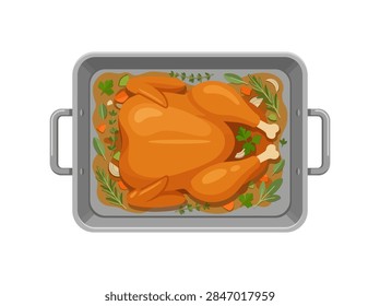A high-quality 2D flat vector illustration of a whole golden-brown roasted chicken or turkey sitting in a grey metal roasting tray. The bird is seasoned and surrounded by fresh herbs like rosemary and thyme, along with chopped carrots and onions in savory juices, isolated on a white background.