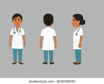 High-quality 2D vector illustration of a female doctor character in a professional medical outfit. The character is shown in three turnaround views – front, side, and back .