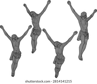 High-quality 3D character illustration of a classical Jesus Christ sculpture in a holy crucifixion posture with raised arms isolated on a plain background