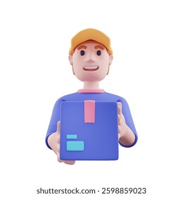 High-quality 3D delivery man vector icon. Perfect for logistics, courier, and e-commerce projects. Ideal for websites, apps, and designs representing delivery services, parcel handling, and shipping