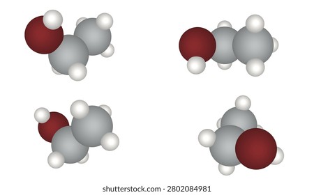 High-quality 3D digital render of ethanol chemical structures, C2H5OH, featuring multiple viewpoints of the ethyl alcohol molecule. The composition showcases the arrangement of carbon, oxygen, and hydrogen atoms in a clear space-filling model style. Ethanol is a critical chemical compound widely recognized as an intoxicating agent in alcoholic beverages, a versatile solvent in industrial and chemical manufacturing, and an essential renewable biofuel utilized to effectively reduce greenhouse gas emissions. These models are also highly relevant for medical and sanitation applications, including surface disinfection and antiseptic properties. The visualization demonstrates scientific precision, emphasizing molecular bonding and structural geometry with smooth shading and professional lighting. Rendered with high fidelity, this collection of isolated models provides excellent clarity for chemistry education, laboratory research documentation, pharmaceutical studies, and environmental science projects, presented against an empty, alpha-channeled backdrop for seamless integration into various media formats and professional layout designs.